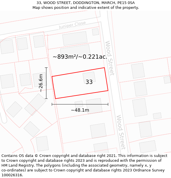 33, WOOD STREET, DODDINGTON, MARCH, PE15 0SA: Plot and title map