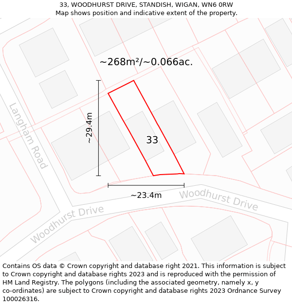 33, WOODHURST DRIVE, STANDISH, WIGAN, WN6 0RW: Plot and title map