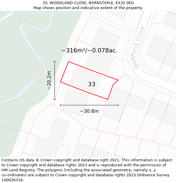 33, WOODLAND CLOSE, BARNSTAPLE, EX32 0EG: Plot and title map