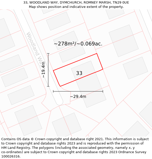 33, WOODLAND WAY, DYMCHURCH, ROMNEY MARSH, TN29 0UE: Plot and title map