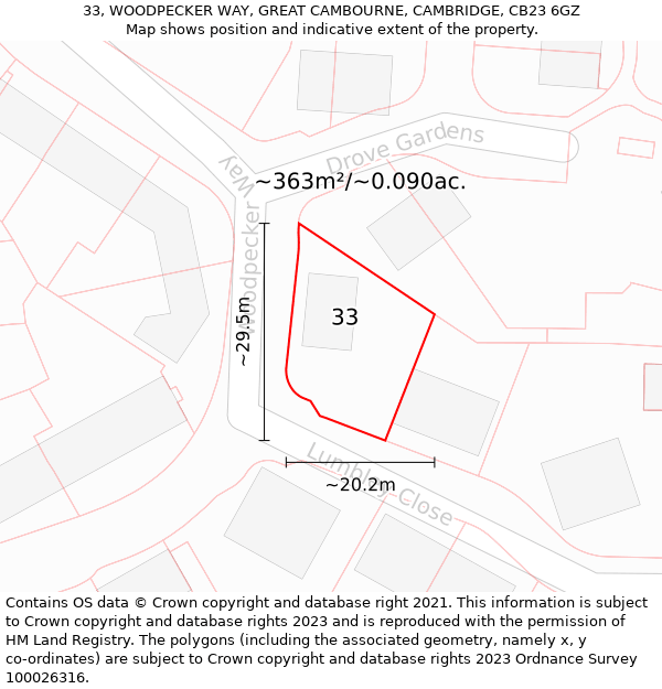 33, WOODPECKER WAY, GREAT CAMBOURNE, CAMBRIDGE, CB23 6GZ: Plot and title map