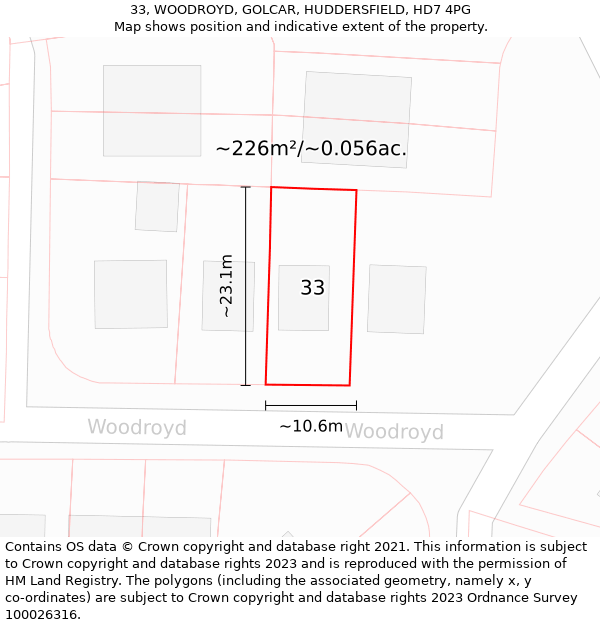 33, WOODROYD, GOLCAR, HUDDERSFIELD, HD7 4PG: Plot and title map