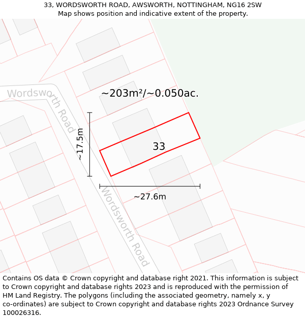 33, WORDSWORTH ROAD, AWSWORTH, NOTTINGHAM, NG16 2SW: Plot and title map