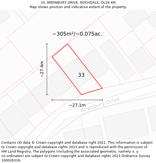 33, WRENBURY DRIVE, ROCHDALE, OL16 4PJ: Plot and title map