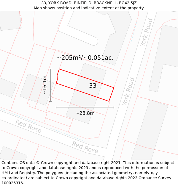 33, YORK ROAD, BINFIELD, BRACKNELL, RG42 5JZ: Plot and title map