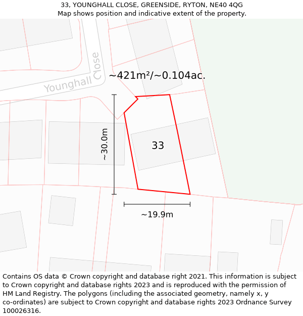 33, YOUNGHALL CLOSE, GREENSIDE, RYTON, NE40 4QG: Plot and title map