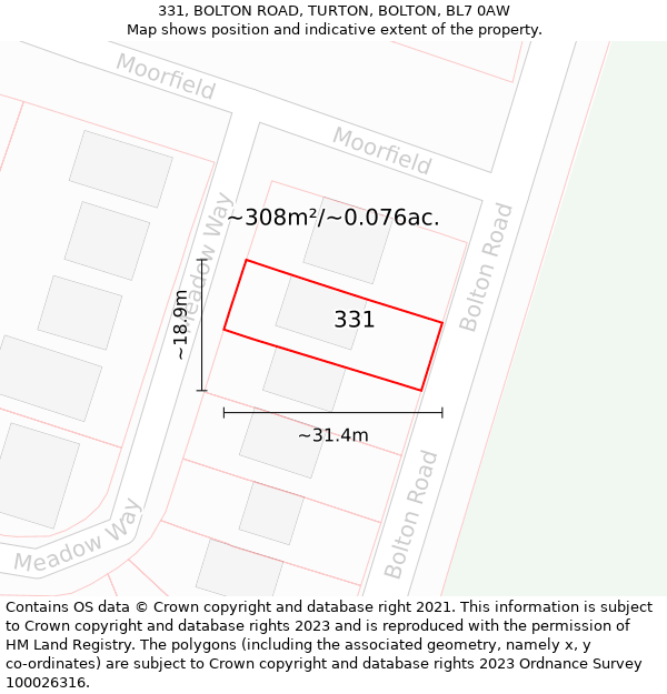 331, BOLTON ROAD, TURTON, BOLTON, BL7 0AW: Plot and title map