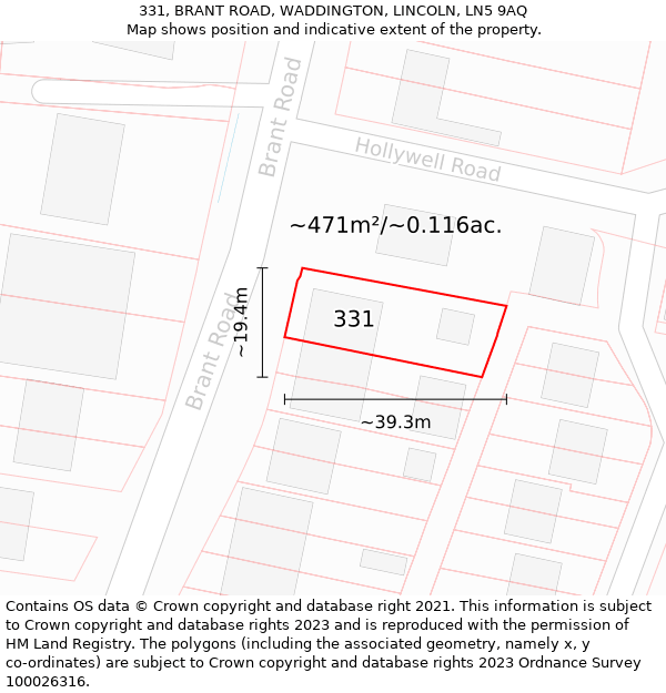 331, BRANT ROAD, WADDINGTON, LINCOLN, LN5 9AQ: Plot and title map