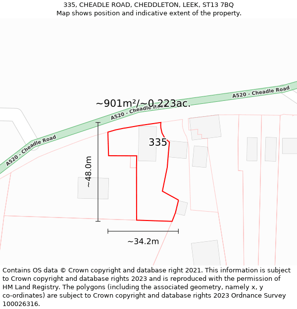 335, CHEADLE ROAD, CHEDDLETON, LEEK, ST13 7BQ: Plot and title map