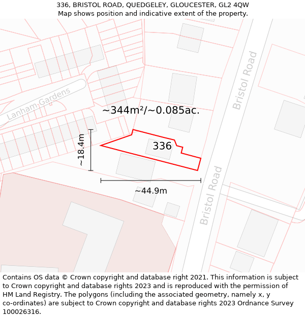 336, BRISTOL ROAD, QUEDGELEY, GLOUCESTER, GL2 4QW: Plot and title map