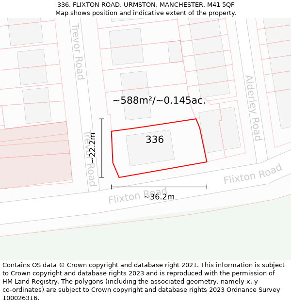 336, FLIXTON ROAD, URMSTON, MANCHESTER, M41 5QF: Plot and title map