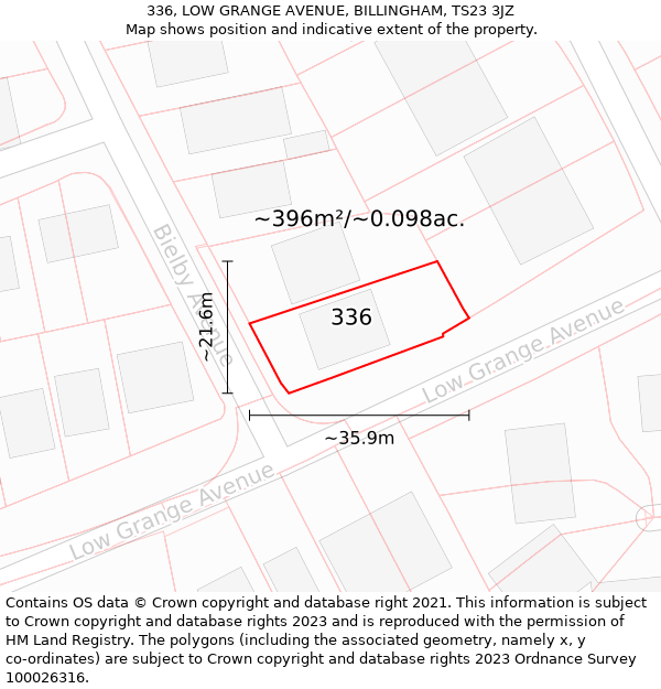 336, LOW GRANGE AVENUE, BILLINGHAM, TS23 3JZ: Plot and title map