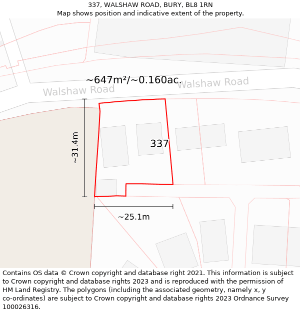 337, WALSHAW ROAD, BURY, BL8 1RN: Plot and title map