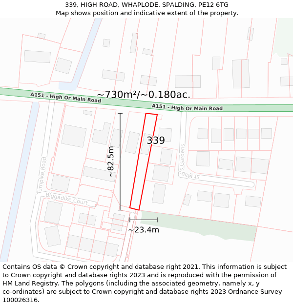 339, HIGH ROAD, WHAPLODE, SPALDING, PE12 6TG: Plot and title map