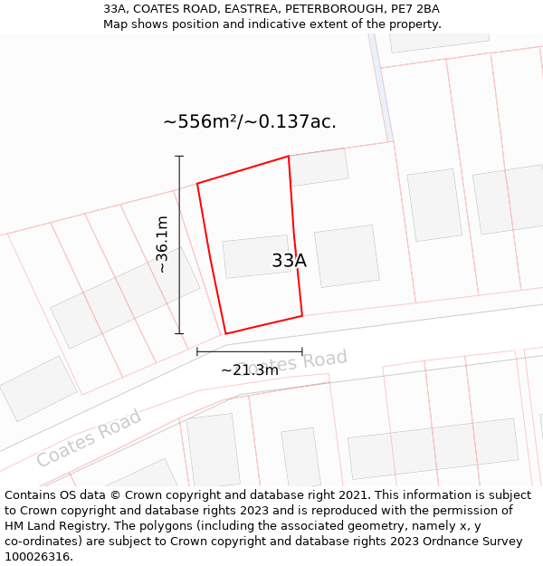 33A, COATES ROAD, EASTREA, PETERBOROUGH, PE7 2BA: Plot and title map