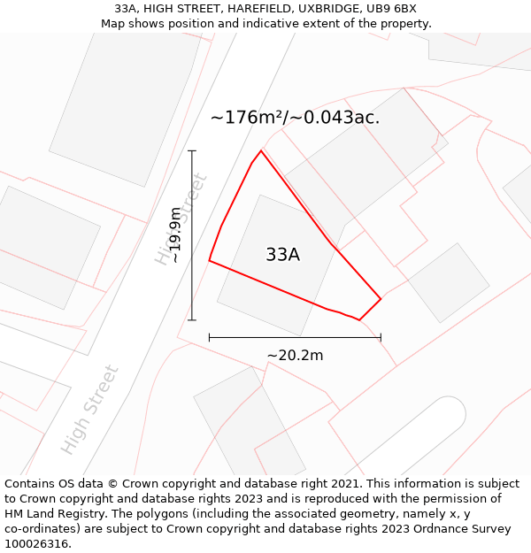 33A, HIGH STREET, HAREFIELD, UXBRIDGE, UB9 6BX: Plot and title map