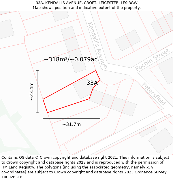 33A, KENDALLS AVENUE, CROFT, LEICESTER, LE9 3GW: Plot and title map