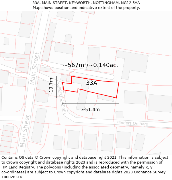 33A, MAIN STREET, KEYWORTH, NOTTINGHAM, NG12 5AA: Plot and title map