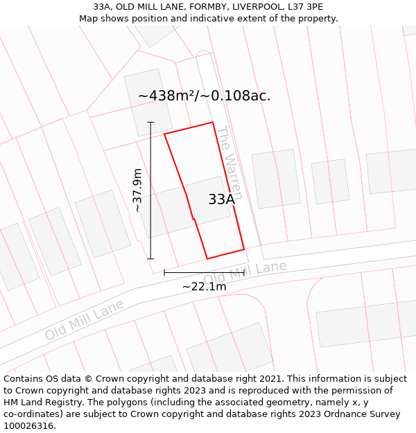 33A, OLD MILL LANE, FORMBY, LIVERPOOL, L37 3PE: Plot and title map