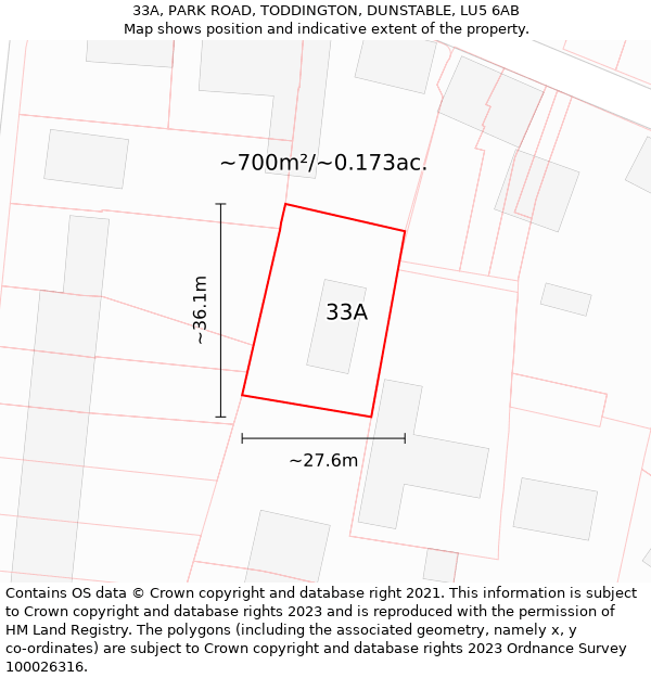 33A, PARK ROAD, TODDINGTON, DUNSTABLE, LU5 6AB: Plot and title map