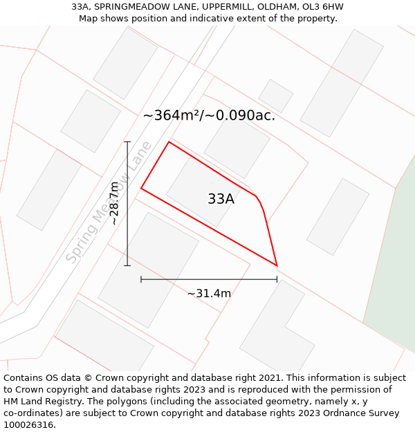 33A, SPRINGMEADOW LANE, UPPERMILL, OLDHAM, OL3 6HW: Plot and title map