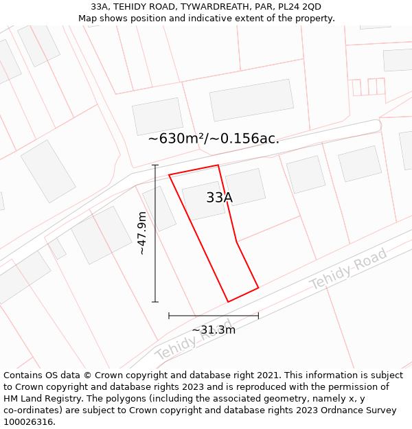 33A, TEHIDY ROAD, TYWARDREATH, PAR, PL24 2QD: Plot and title map