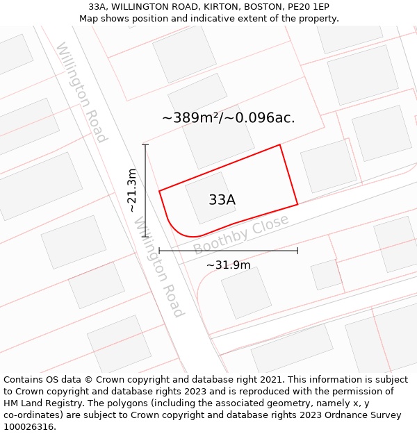 33A, WILLINGTON ROAD, KIRTON, BOSTON, PE20 1EP: Plot and title map