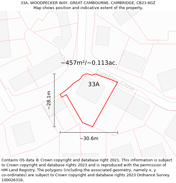 33A, WOODPECKER WAY, GREAT CAMBOURNE, CAMBRIDGE, CB23 6GZ: Plot and title map