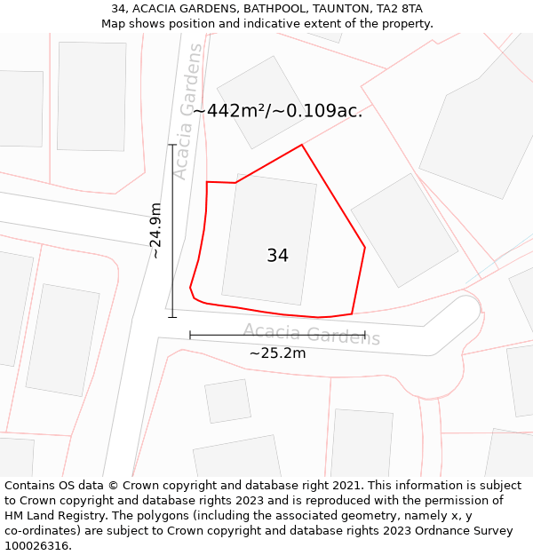 34, ACACIA GARDENS, BATHPOOL, TAUNTON, TA2 8TA: Plot and title map