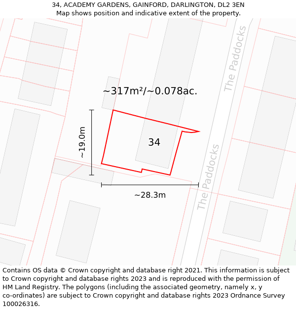 34, ACADEMY GARDENS, GAINFORD, DARLINGTON, DL2 3EN: Plot and title map