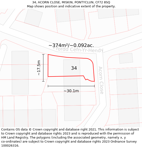 34, ACORN CLOSE, MISKIN, PONTYCLUN, CF72 8SQ: Plot and title map