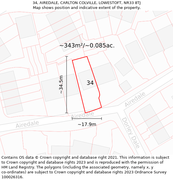 34, AIREDALE, CARLTON COLVILLE, LOWESTOFT, NR33 8TJ: Plot and title map