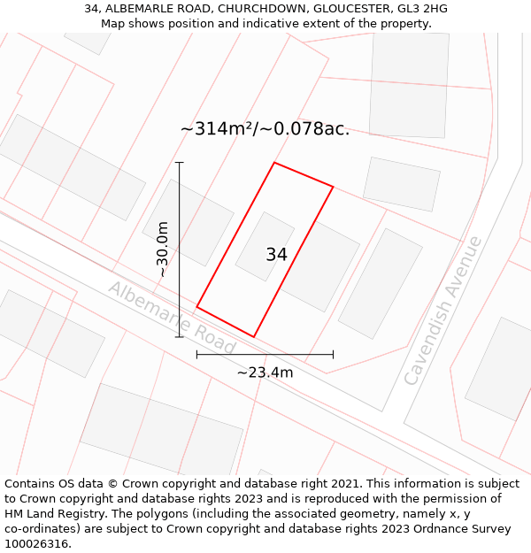 34, ALBEMARLE ROAD, CHURCHDOWN, GLOUCESTER, GL3 2HG: Plot and title map