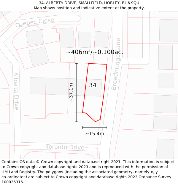 34, ALBERTA DRIVE, SMALLFIELD, HORLEY, RH6 9QU: Plot and title map