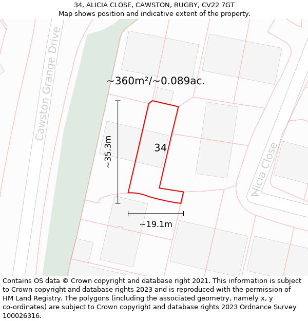 34, ALICIA CLOSE, CAWSTON, RUGBY, CV22 7GT: Plot and title map