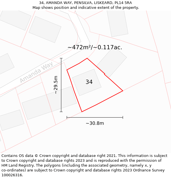 34, AMANDA WAY, PENSILVA, LISKEARD, PL14 5RA: Plot and title map