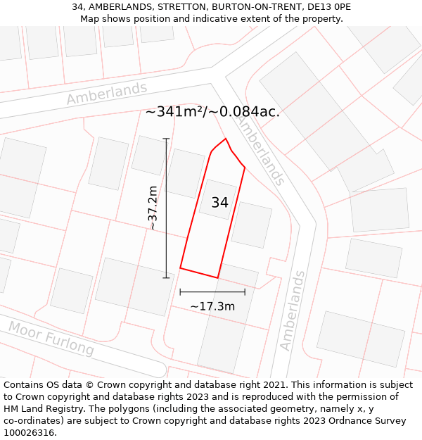 34, AMBERLANDS, STRETTON, BURTON-ON-TRENT, DE13 0PE: Plot and title map