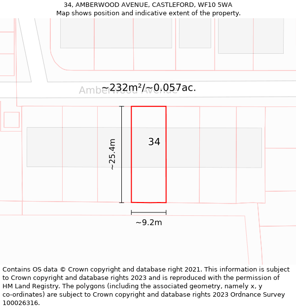 34, AMBERWOOD AVENUE, CASTLEFORD, WF10 5WA: Plot and title map