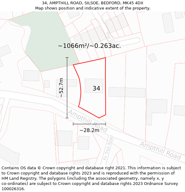 34, AMPTHILL ROAD, SILSOE, BEDFORD, MK45 4DX: Plot and title map