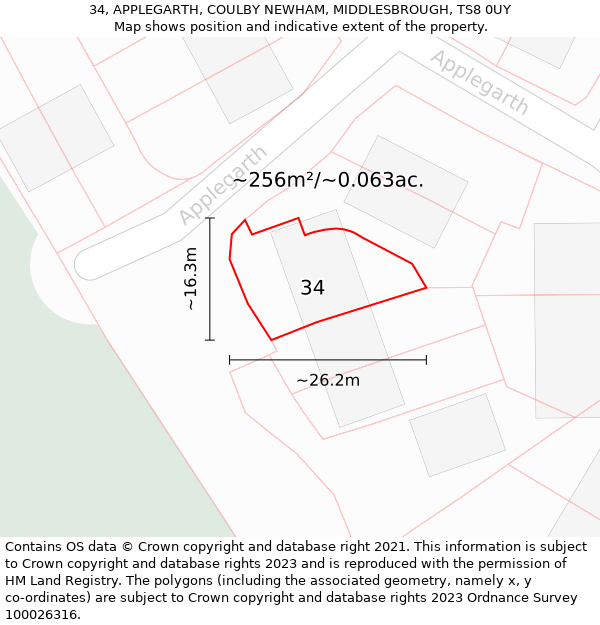 34, APPLEGARTH, COULBY NEWHAM, MIDDLESBROUGH, TS8 0UY: Plot and title map