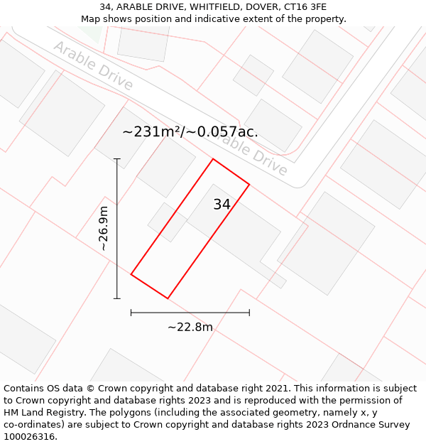 34, ARABLE DRIVE, WHITFIELD, DOVER, CT16 3FE: Plot and title map