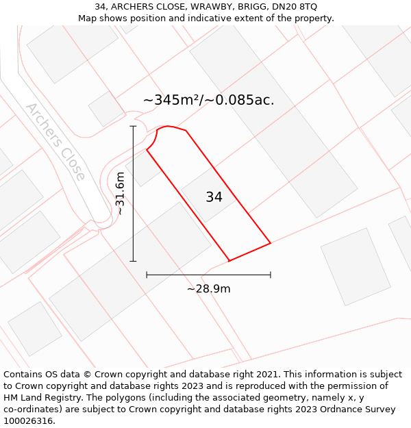 34, ARCHERS CLOSE, WRAWBY, BRIGG, DN20 8TQ: Plot and title map