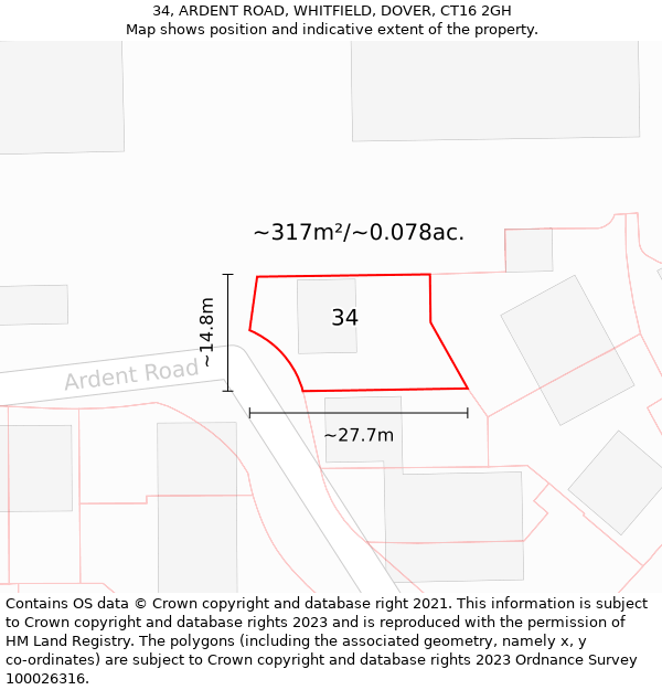 34, ARDENT ROAD, WHITFIELD, DOVER, CT16 2GH: Plot and title map