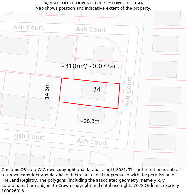 34, ASH COURT, DONINGTON, SPALDING, PE11 4XJ: Plot and title map