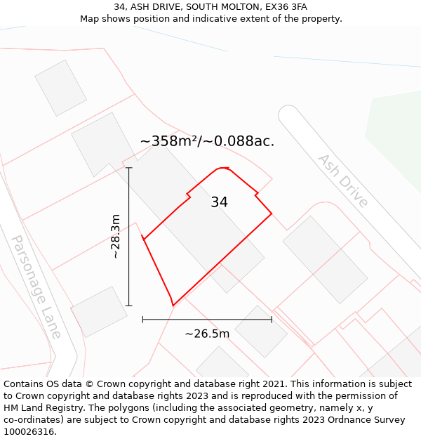 34, ASH DRIVE, SOUTH MOLTON, EX36 3FA: Plot and title map