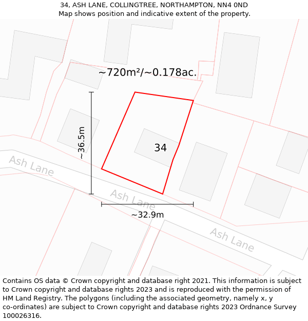 34, ASH LANE, COLLINGTREE, NORTHAMPTON, NN4 0ND: Plot and title map