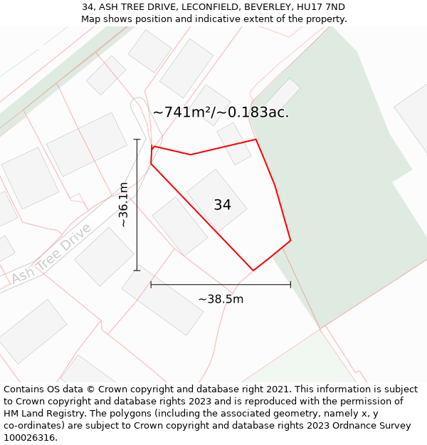 34, ASH TREE DRIVE, LECONFIELD, BEVERLEY, HU17 7ND: Plot and title map