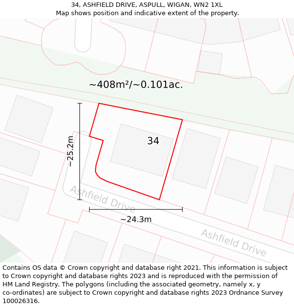 34, ASHFIELD DRIVE, ASPULL, WIGAN, WN2 1XL: Plot and title map