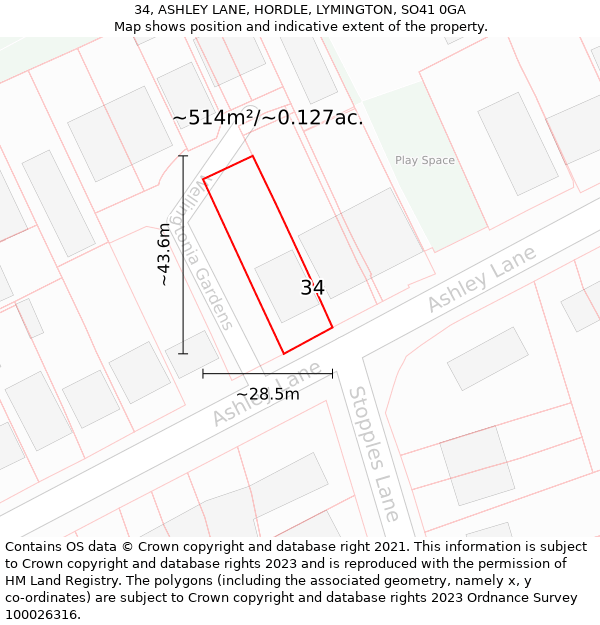 34, ASHLEY LANE, HORDLE, LYMINGTON, SO41 0GA: Plot and title map