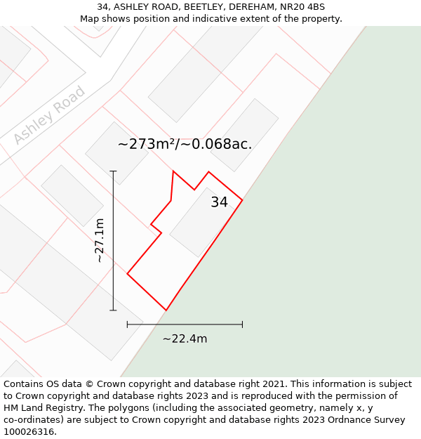 34, ASHLEY ROAD, BEETLEY, DEREHAM, NR20 4BS: Plot and title map